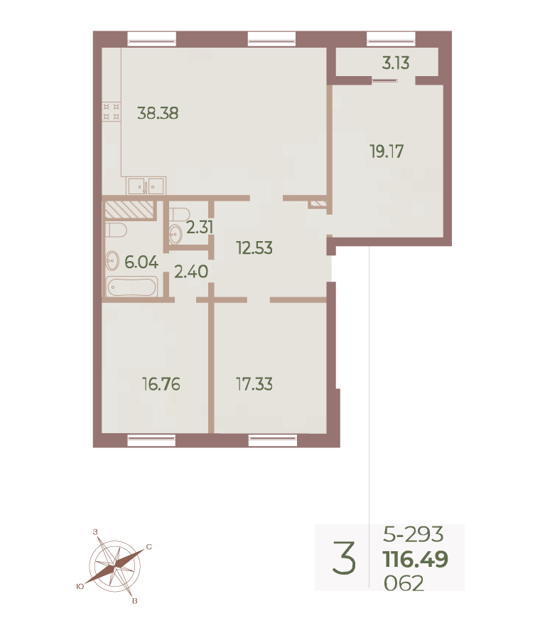 3-комнатная квартира  №62 в Neva Haus: 116.8 м², этаж 9 - купить в Санкт-Петербурге
