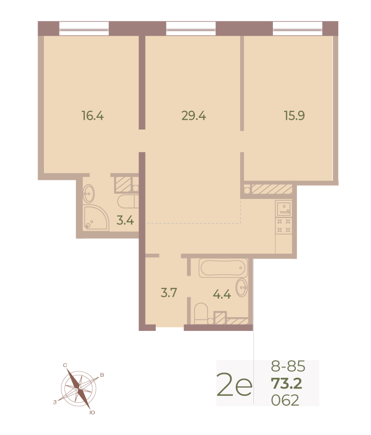 2-комнатная квартира  №62 в Neva Haus: 73.3 м², этаж 8 - купить в Санкт-Петербурге