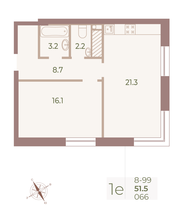 1-комнатная квартира  №66 в Neva Haus: 51.6 м², этаж 9 - купить в Санкт-Петербурге