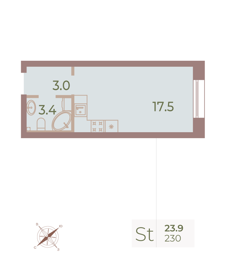 1-комнатная квартира  №230 в Neva Haus: 23.9 м², этаж 7 - купить в Санкт-Петербурге