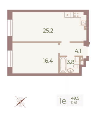 1-комнатная квартира  №51 в Neva Haus: 49.6 м², этаж 8 - купить в Санкт-Петербурге