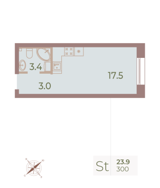 1-комнатная квартира  №300 в Neva Haus: 24 м², этаж 8 - купить в Санкт-Петербурге