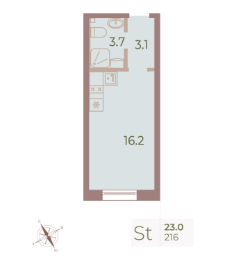 1-комнатная квартира  №216 в Большой, 67: 22.8 м², этаж 8 - купить в Санкт-Петербурге