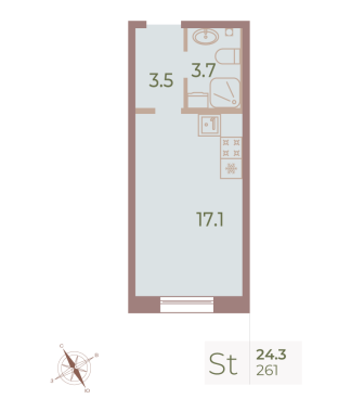 1-комнатная квартира  №261 в Neva Haus: 24.2 м², этаж 8 - купить в Санкт-Петербурге