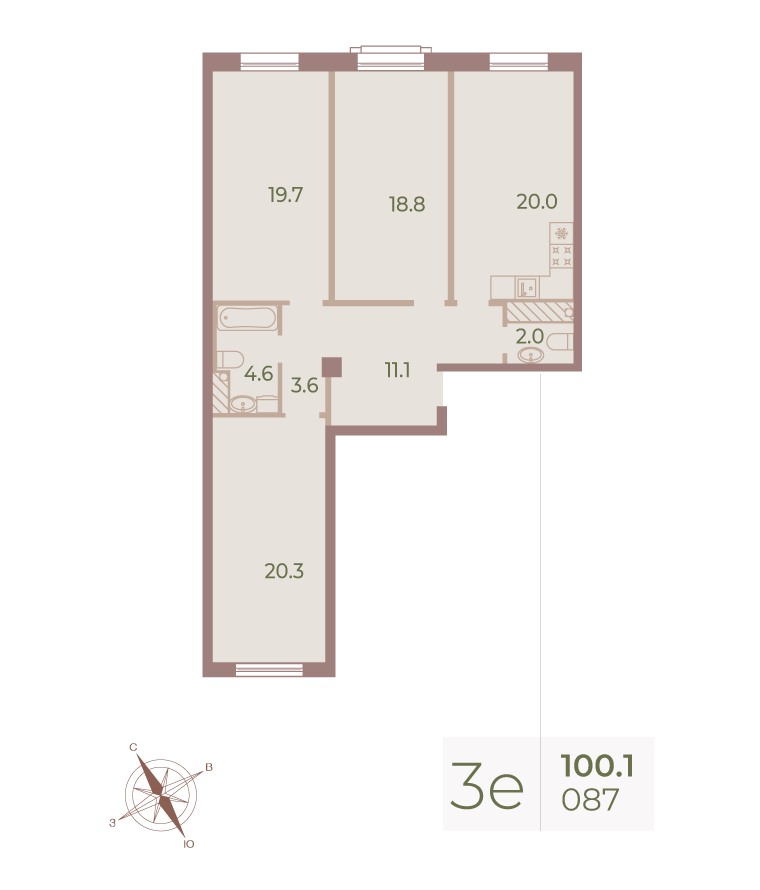 3-комнатная квартира  №87 в Neva Haus: 100.9 м², этаж 9 - купить в Санкт-Петербурге