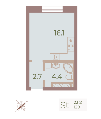 1-комнатная квартира  №129 в Neva Haus: 23.1 м², этаж 8 - купить в Санкт-Петербурге
