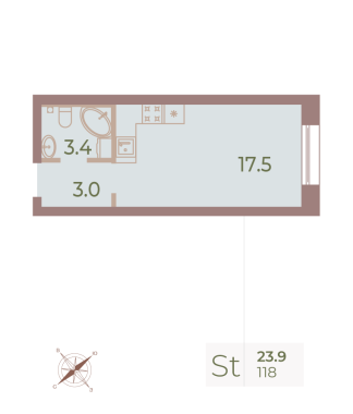 1-комнатная квартира  №118 в Neva Haus: 23.3 м², этаж 8 - купить в Санкт-Петербурге