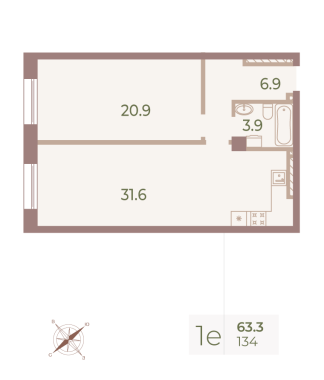 1-комнатная квартира  №134 в Neva Haus: 63.3 м², этаж 8 - купить в Санкт-Петербурге