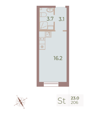 1-комнатная квартира  №206 в Мадонна Бенуа: 22.9 м², этаж 6 - купить в Санкт-Петербурге