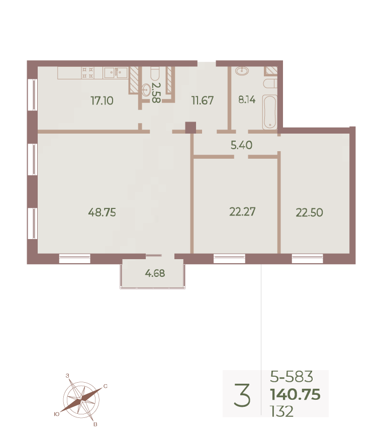 3-комнатная квартира  №132 в Neva Haus: 140.9 м², этаж 8 - купить в Санкт-Петербурге