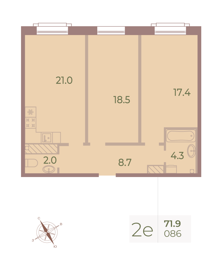 2-комнатная квартира  №86 в Neva Haus: 71.8 м², этаж 9 - купить в Санкт-Петербурге