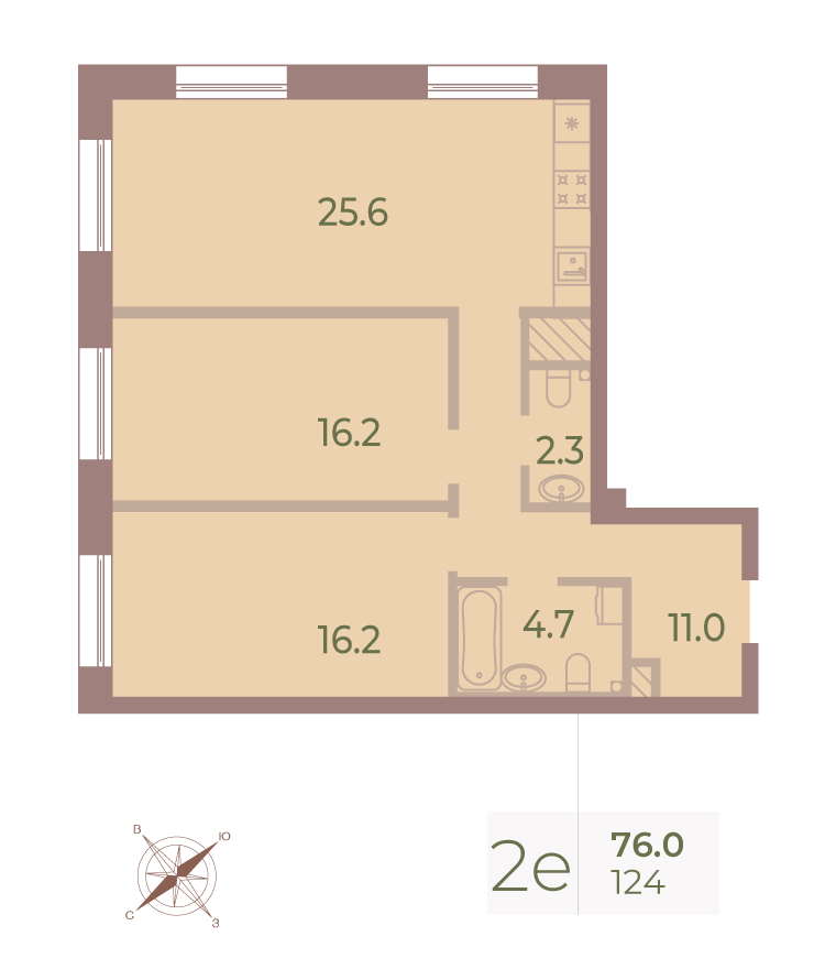 2-комнатная квартира  №124 в Neva Haus: 75.9 м², этаж 7 - купить в Санкт-Петербурге