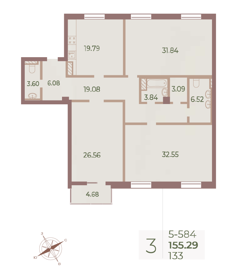 3-комнатная квартира  №133 в Neva Haus: 155.8 м², этаж 8 - купить в Санкт-Петербурге