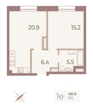 1-комнатная квартира  №110 в Neva Haus: 47.8 м², этаж 6 - купить в Санкт-Петербурге