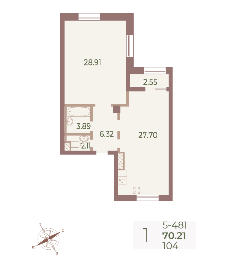 1-комнатная квартира  №104 в Neva Haus: 70 м², этаж 8 - купить в Санкт-Петербурге