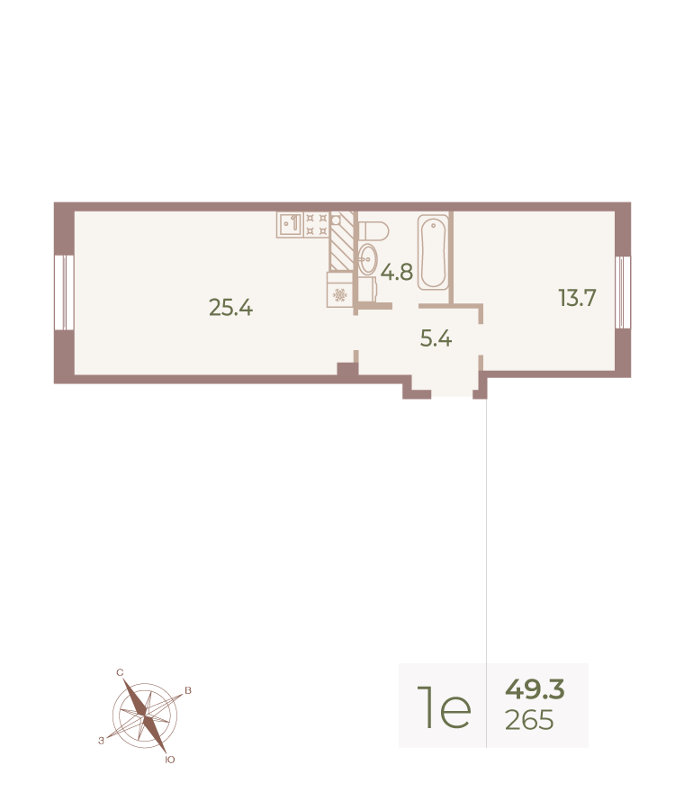 1-комнатная квартира  №265 в Neva Haus: 49.2 м², этаж 9 - купить в Санкт-Петербурге