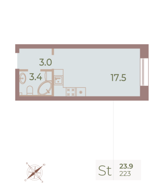 1-комнатная квартира  №223 в Neva Haus: 23.9 м², этаж 6 - купить в Санкт-Петербурге