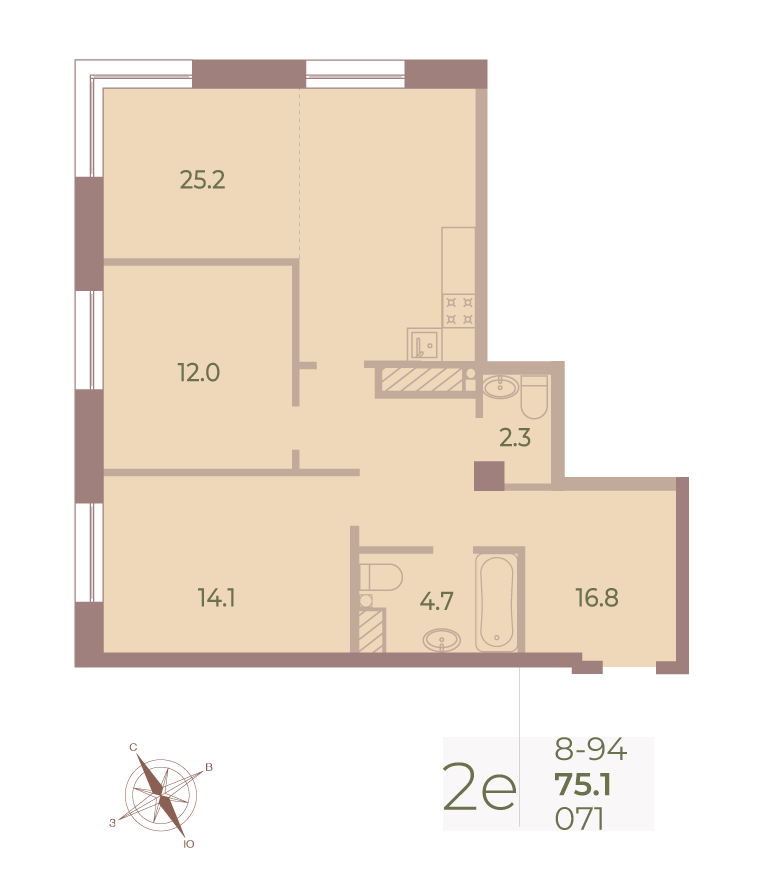 2-комнатная квартира  №71 в Neva Haus: 74.7 м², этаж 9 - купить в Санкт-Петербурге