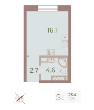 1-комнатная квартира  №109 в Neva Haus: 23.4 м², этаж 6 - купить в Санкт-Петербурге