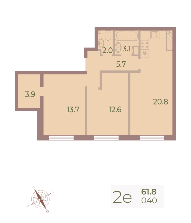 2-комнатная квартира  №40 в Neva Haus: 61.4 м², этаж 9 - купить в Санкт-Петербурге