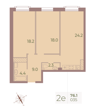 2-комнатная квартира  №35 в Neva Haus: 76.3 м², этаж 8 - купить в Санкт-Петербурге