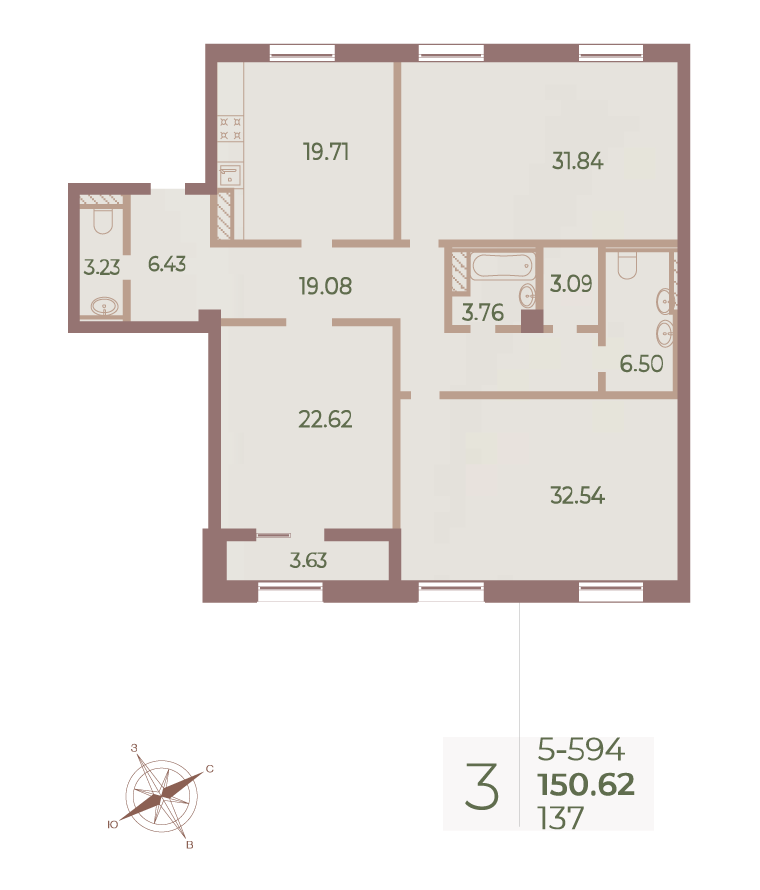 3-комнатная квартира  №137 в Neva Haus: 150.8 м², этаж 9 - купить в Санкт-Петербурге