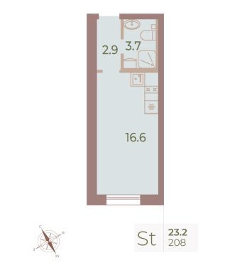 1-комнатная квартира  №208 в Мадонна Бенуа: 23 м², этаж 6 - купить в Санкт-Петербурге