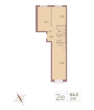 2-комнатная квартира  №219 в Neva Haus: 64.3 м², этаж 8 - купить в Санкт-Петербурге