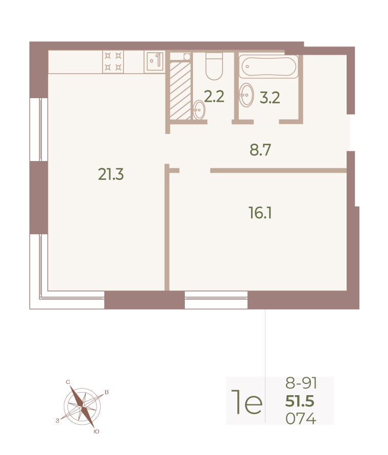 1-комнатная квартира  №74 в Neva Haus: 51.6 м², этаж 9 - купить в Санкт-Петербурге