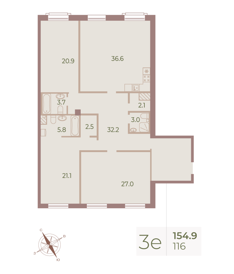 3-комнатная квартира  №116 в Большой, 67: 155.7 м², этаж 5 - купить в Санкт-Петербурге