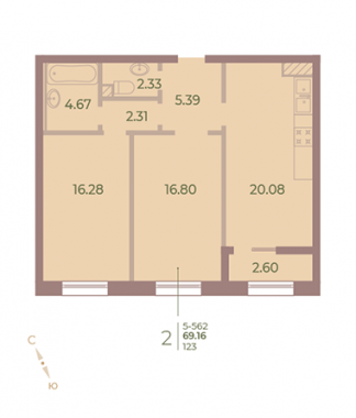 2-комнатная квартира  №123 в Neva Haus: 69.2 м², этаж 6 - купить в Санкт-Петербурге