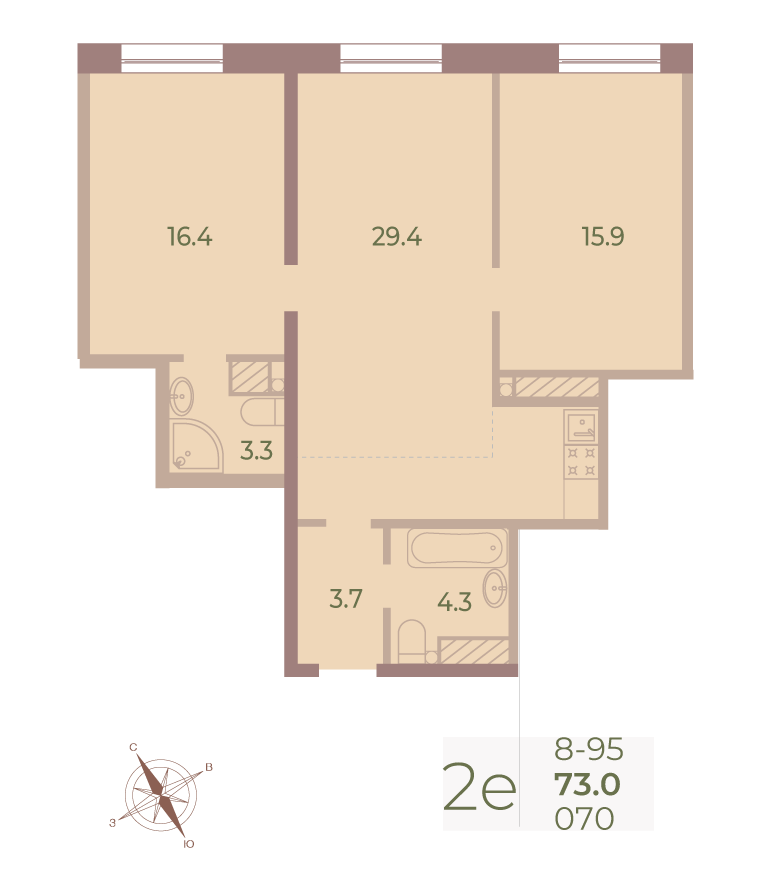 2-комнатная квартира  №70 в Neva Haus: 72.8 м², этаж 9 - купить в Санкт-Петербурге