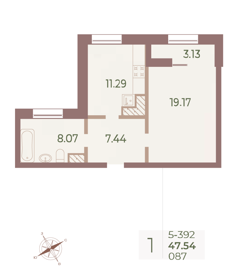 1-комнатная квартира  №87 в Neva Haus: 47.6 м², этаж 9 - купить в Санкт-Петербурге