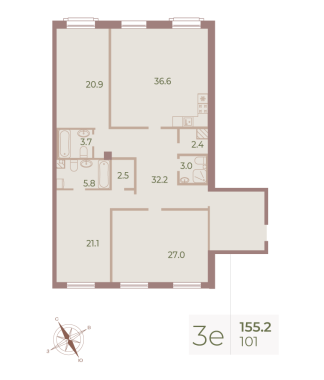 3-комнатная квартира  №101 в Neva Haus: 155.9 м², этаж 3 - купить в Санкт-Петербурге