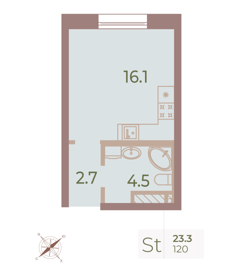 1-комнатная квартира  №120 в Neva Haus: 23.3 м², этаж 7 - купить в Санкт-Петербурге