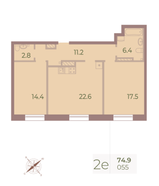 2-комнатная квартира  №55 в Neva Haus: 74.5 м², этаж 8 - купить в Санкт-Петербурге