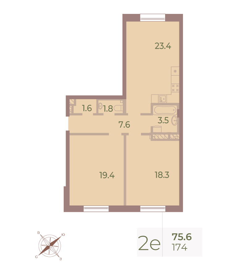 2-комнатная квартира  №174 в Neva Haus: 75.7 м², этаж 7 - купить в Санкт-Петербурге