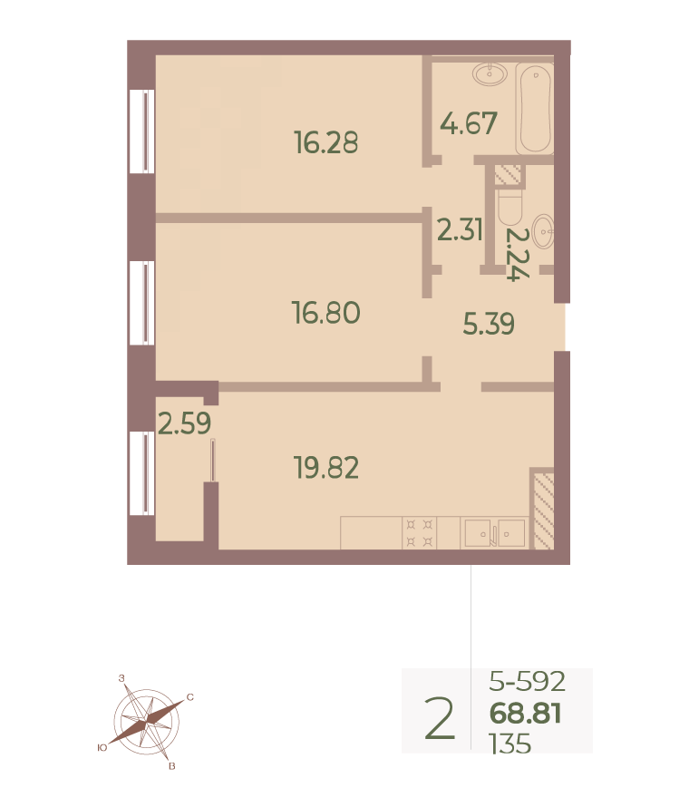 2-комнатная квартира  №135 в Neva Haus: 69.1 м², этаж 9 - купить в Санкт-Петербурге