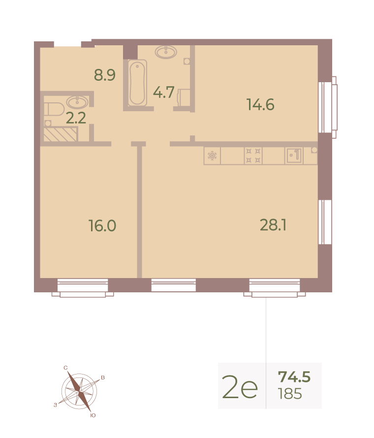 2-комнатная квартира  №185 в Neva Haus: 74.8 м², этаж 9 - купить в Санкт-Петербурге