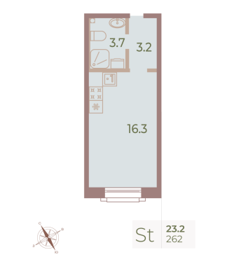 1-комнатная квартира  №262 в Neva Haus: 23.2 м², этаж 8 - купить в Санкт-Петербурге