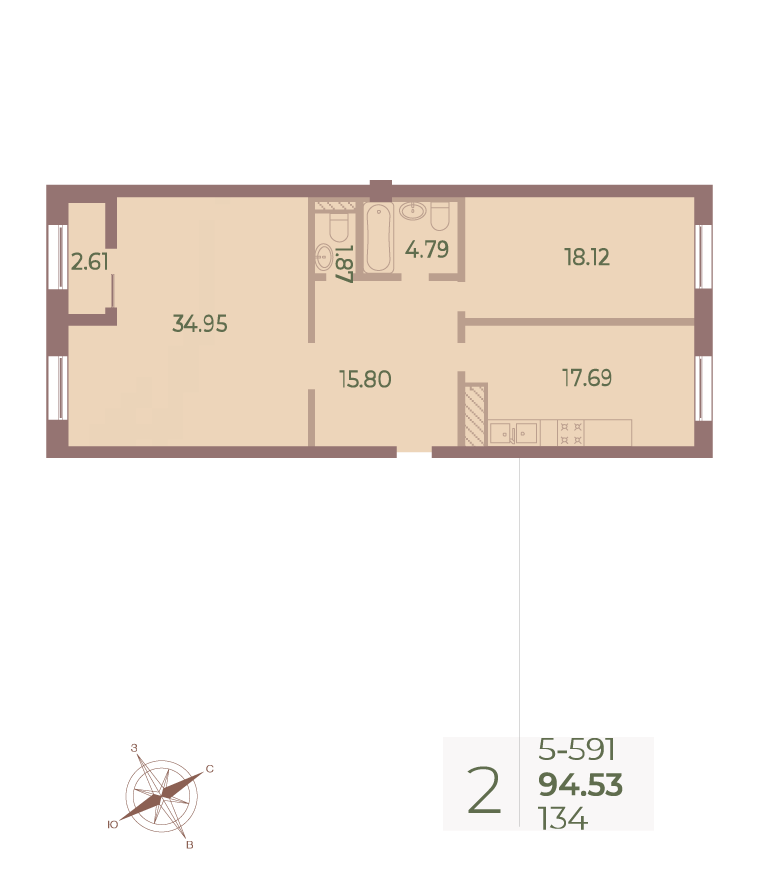 2-комнатная квартира  №134 в Neva Haus: 94.6 м², этаж 9 - купить в Санкт-Петербурге