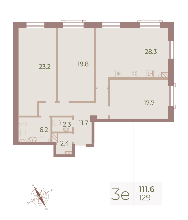 3-комнатная квартира  №129 в Neva Haus: 112.8 м², этаж 7 - купить в Санкт-Петербурге