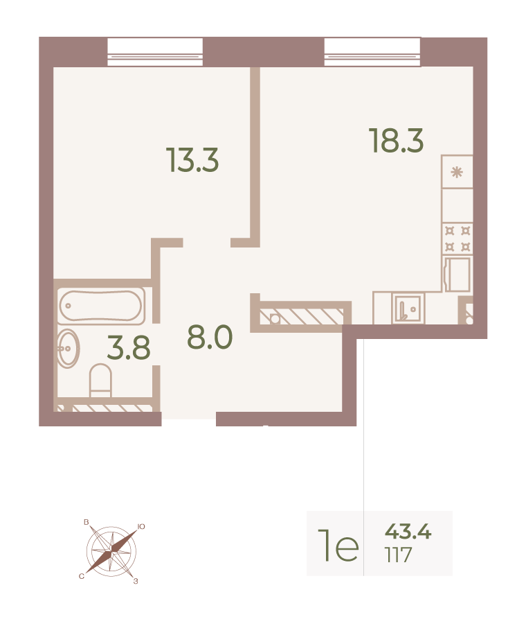 1-комнатная квартира  №117 в Neva Haus: 43.2 м², этаж 7 - купить в Санкт-Петербурге
