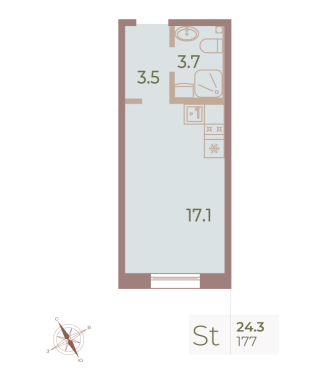 1-комнатная квартира  №177 в Neva Haus: 24.1 м², этаж 8 - купить в Санкт-Петербурге