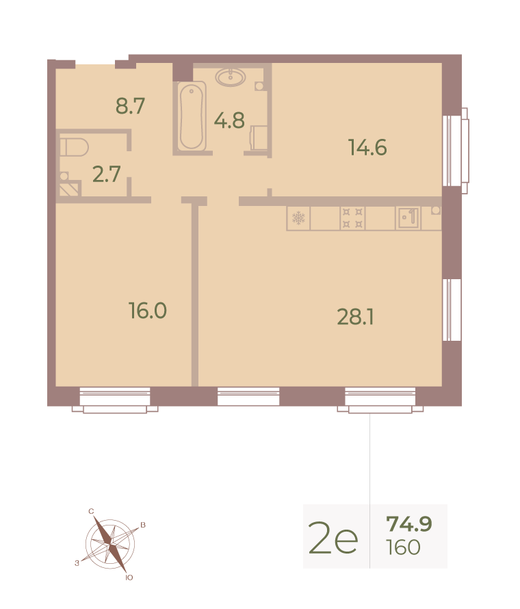 2-комнатная квартира  №160 в Большой, 67: 75.1 м², этаж 5 - купить в Санкт-Петербурге