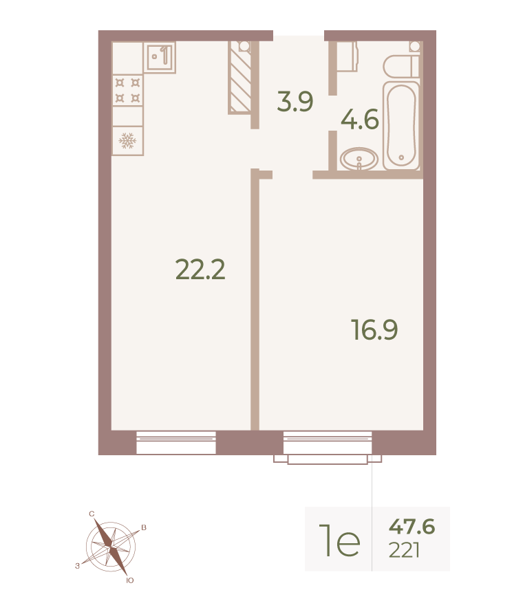 1-комнатная квартира  №221 в Большой, 67: 47.4 м², этаж 9 - купить в Санкт-Петербурге