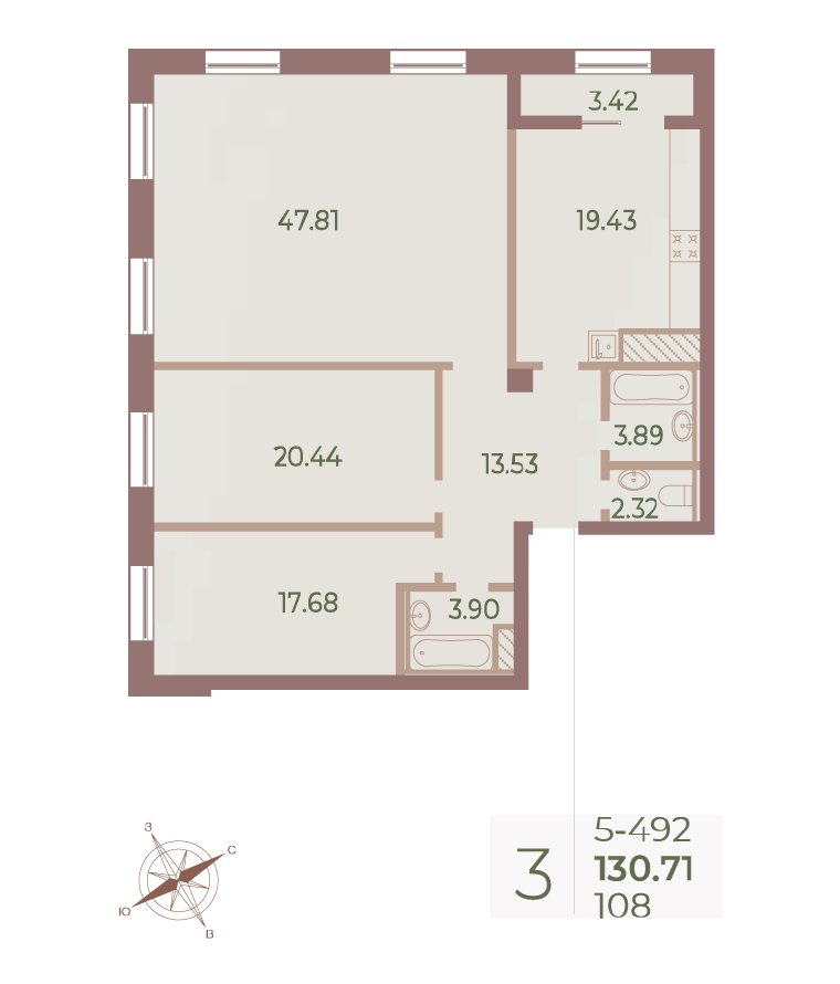 3-комнатная квартира  №108 в Neva Haus: 129.8 м², этаж 9 - купить в Санкт-Петербурге