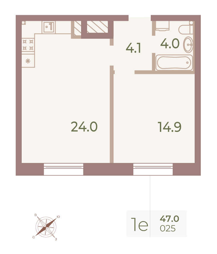 1-комнатная квартира  №25 в Neva Haus: 46.9 м², этаж 7 - купить в Санкт-Петербурге