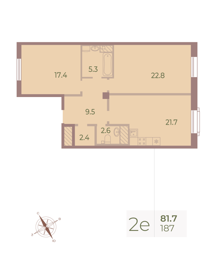 2-комнатная квартира  №187 в Neva Haus: 82.2 м², этаж 9 - купить в Санкт-Петербурге