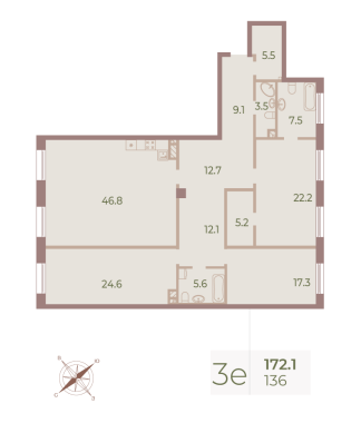 3-комнатная квартира  №136 в Neva Haus: 172.2 м², этаж 8 - купить в Санкт-Петербурге